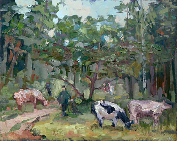 istock Summer landscape with cows, oil painting 153417707