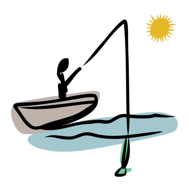 Vector illustration of Doodle of a fisherman on the boat in a relaxing environment with sun and water.