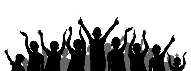 fröhliche gruppe von jungenkindern. silhouetten von glücklichen kindern. vektor-illustration - applauding human hand silhouette audience stock-grafiken, -clipart, -cartoons und -symbole