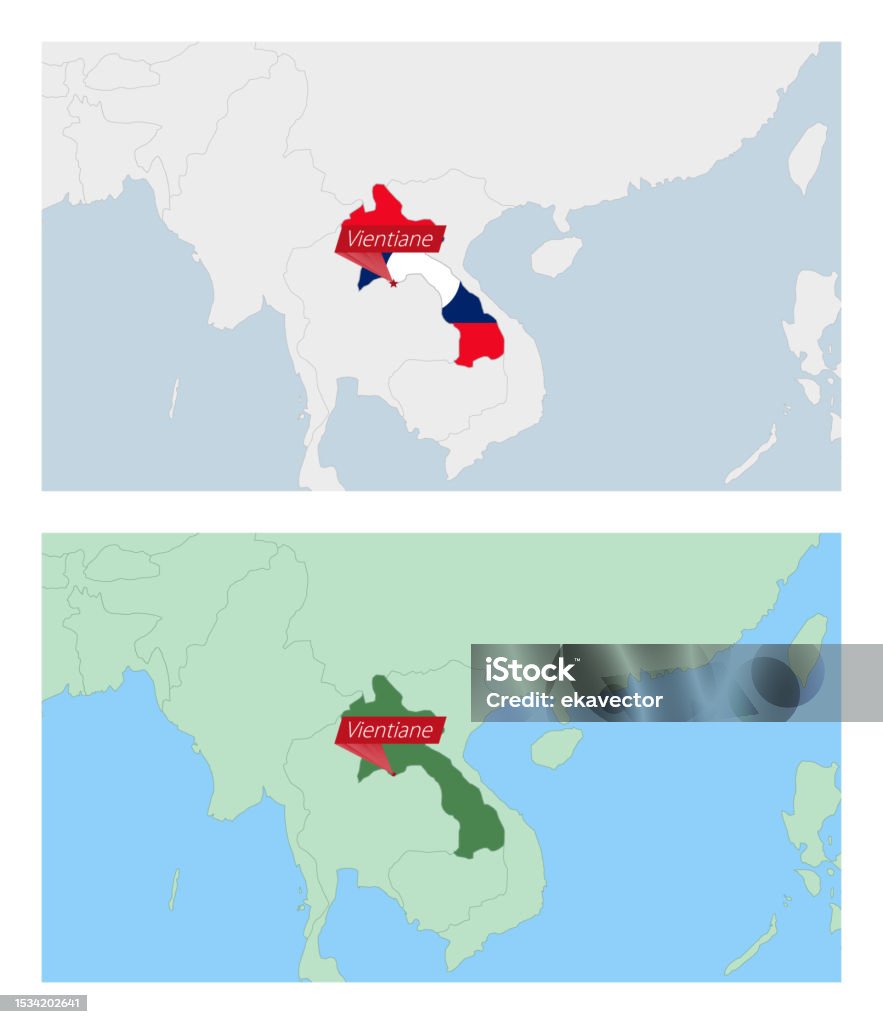 国の首都のピンを持つラオスの地図2種類のラオスが近隣諸国と地図を接しています アジア大陸のベクターアート素材や画像を多数ご用意 アジア