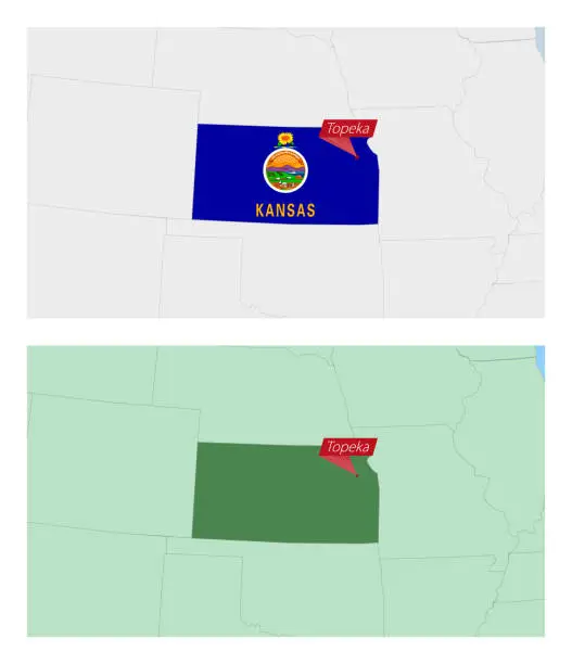 Vector illustration of Kansas map with pin of country capital. Two types of Kansas map with neighboring countries.
