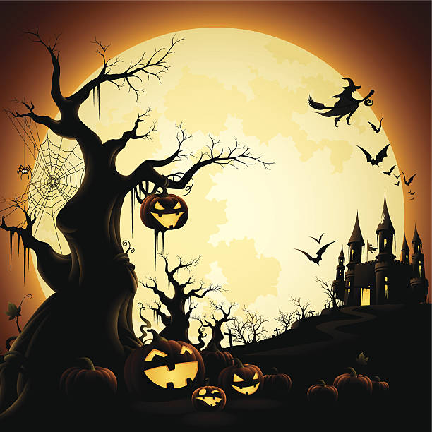 Illustration of Halloween-themed silhouettes over orange - halloween pumpkins with spooky trees and haunted castle halloween moon stock illustrations