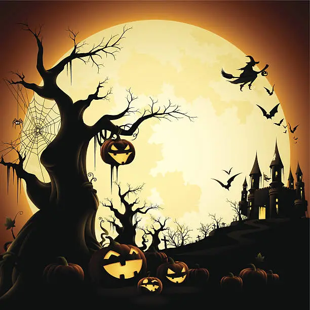 Vector illustration of Illustration of Halloween-themed silhouettes over orange