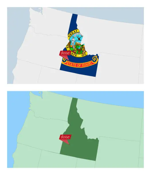 Vector illustration of Idaho map with pin of country capital. Two types of Idaho map with neighboring countries.