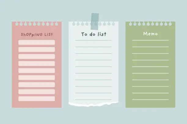 Vector illustration of Set of note papers. To do list, shopping list and memo.