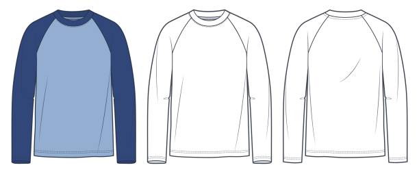 Raglan Sleeve Shirt technical fashion illustration, blue design. Long Sleeve Shirt fashion flat tehnical drawing template, crew neck, front and back view, white, women, men, unisex CAD mockup set. Raglan Sleeve Shirt technical fashion illustration, blue design. Long Sleeve Shirt fashion flat tehnical drawing template, crew neck, front and back view, white, women, men, unisex CAD mockup set. tehnical stock illustrations