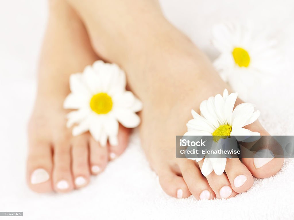 Female feet with pedicure Soft female feet with pedicure and flowers close up Women Stock Photo