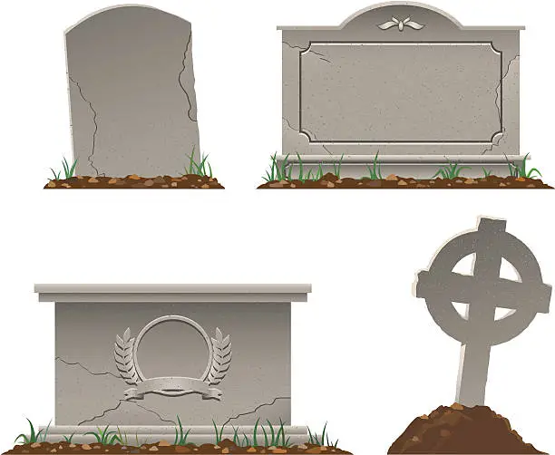 Vector illustration of Various shapes and sizes of tombstones