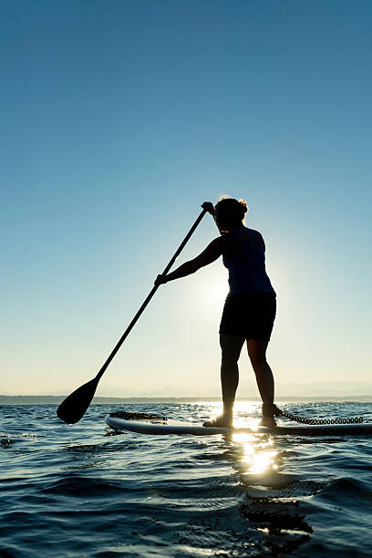 istock Women paddling stand up paddle board 153432779