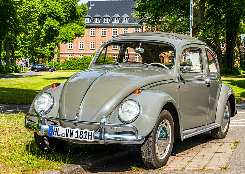 Lübeck, Germany - may 31: typical old volkswagen beetle at the old town of Lübeck on May 31, 2023