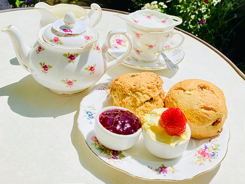 Traditional scones, cream and jam are served with a cup of tea for afternoon tea in the English garden.