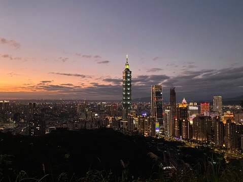 An aerial view of the vibrant city of Taipei at dusk