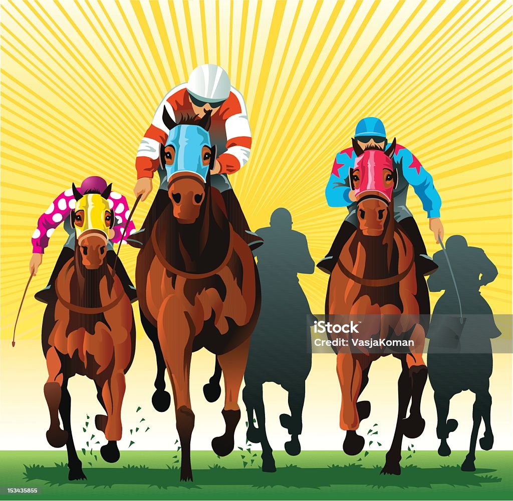 Thoroughbred Horses Racing to the Finish Line Front view illustration of group of horses and riders racing at the main event. All images are placed on seperate layers for easy editing. High resolution JPG and Illustrator 0.8 EPS included. Horse Racing stock vector