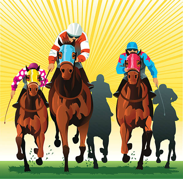 Thoroughbred Horses Racing to the Finish Line Front view illustration of group of horses and riders racing at the main event. All images are placed on seperate layers for easy editing. High resolution JPG and Illustrator 0.8 EPS included. jockey stock illustrations