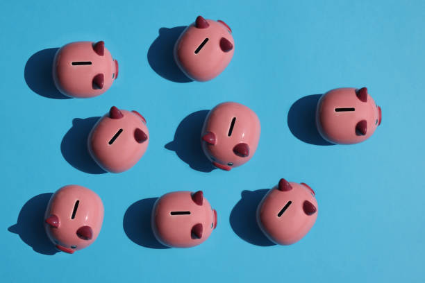 Piggy bank on blue background stock photo