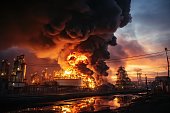 Oil depot fire: Dark smoke billowing from fuel depot. Night scene at oil refining factory. Dramatic fire outbreak at fuel storage facility.