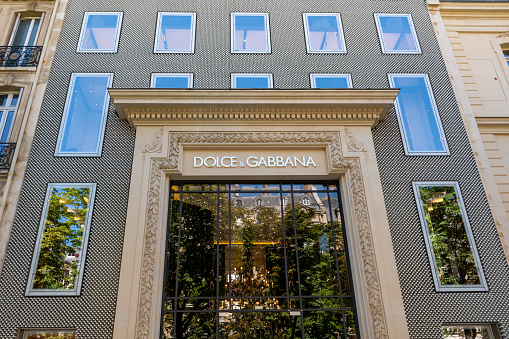 Paris, France - July 11, 2023: Exterior view of a Dolce and Gabbana store in the Champs-Elysees district of Paris, France. Dolce and Gabbana is an Italian brand specializing in fashion and luxury