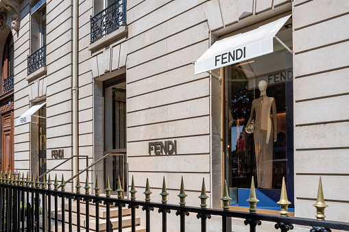 Paris, France - July 11, 2023: Exterior view of a Fendi store in the Champs-Elysees district of Paris, France. Fendi is an Italian brand specializing in fashion and luxury