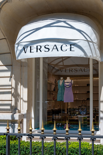 Paris, France - July 11, 2023: Exterior view of a Versace store in the Champs-Elysees district in Paris, France. Versace is an Italian brand specializing in fashion and luxury