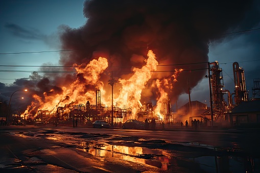 Oil depot fire at night. Dark smoke billowing from the fuel depot. Dramatic scene of an industrial fire at an oil refining factory. Emergency and disaster concept