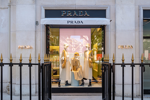 Paris, France - July 11, 2023: Exterior view of a Prada boutique in the Champs-Elysees district of Paris, France. Prada is an Italian brand specializing in fashion and luxury