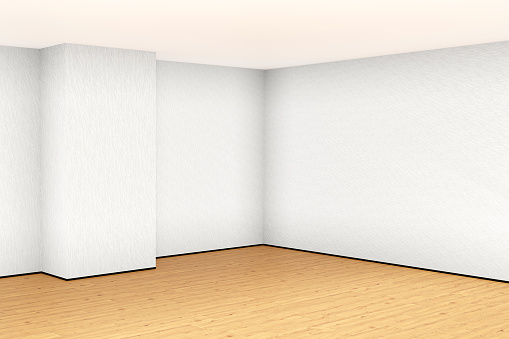 Empty room, empty home interior, wall, ceiling and parquet flooring with copy space