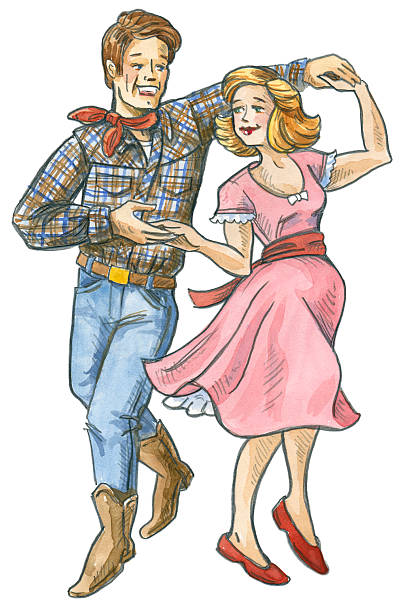 Retro-Style Illustration of Man and Woman Square Dancing Country-western couple in casual 1950s-style American western wear, square dancing. Isolated figures with clipping path included. Scan of painted illustration by Kerry Crow. line dance stock illustrations