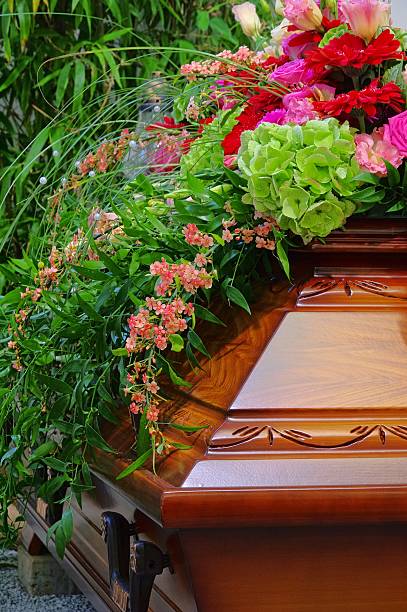 istock Close-up coffin with flowers on top 153440565