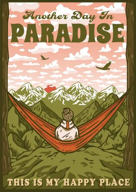 Vector illustration of Man sits on a camping hammock in the forest