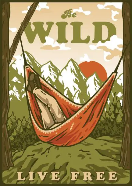 Vector illustration of Man sits on a camping hammock in the forest