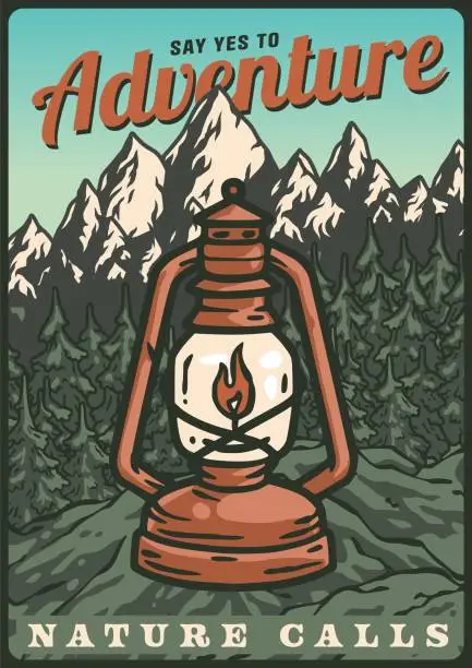 Vector illustration of Paraffin lantern lamp for camping in the woods poster