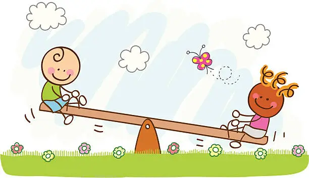 Vector illustration of boys playing with seesaw cartoon illustration