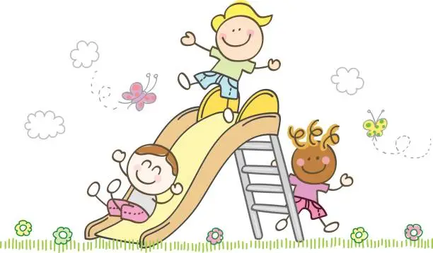 Vector illustration of children playing with slide cartoon illustration