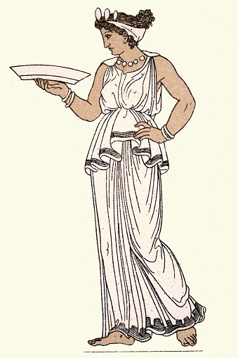 Vintage illustration of Women's fashions of Ancient Greece, Young Greek woman wearing hemidiploidion chiton, History of fashion. Auguste Racinet