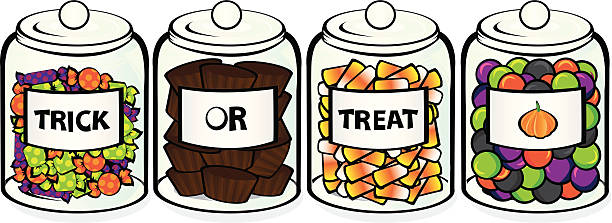 illustrazioni stock, clip art, cartoni animati e icone di tendenza di halloween trattare barattoli - candy halloween candy corn jar