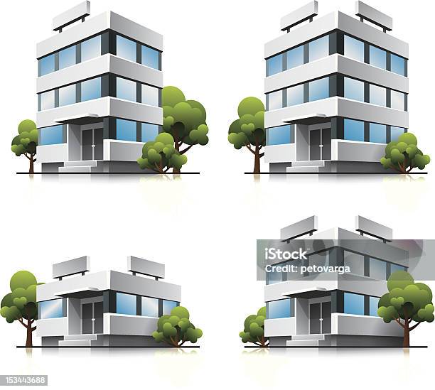 Four Cartoon Office Vector Buildings With Trees Stock Illustration - Download Image Now - Three Dimensional, Office Building Exterior, Single Object