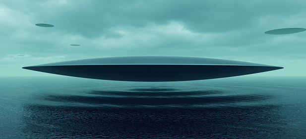 Ufo silver sea ocean hovering unidentified flying object blue waves horizon clouds 3d illustration render digital rendering