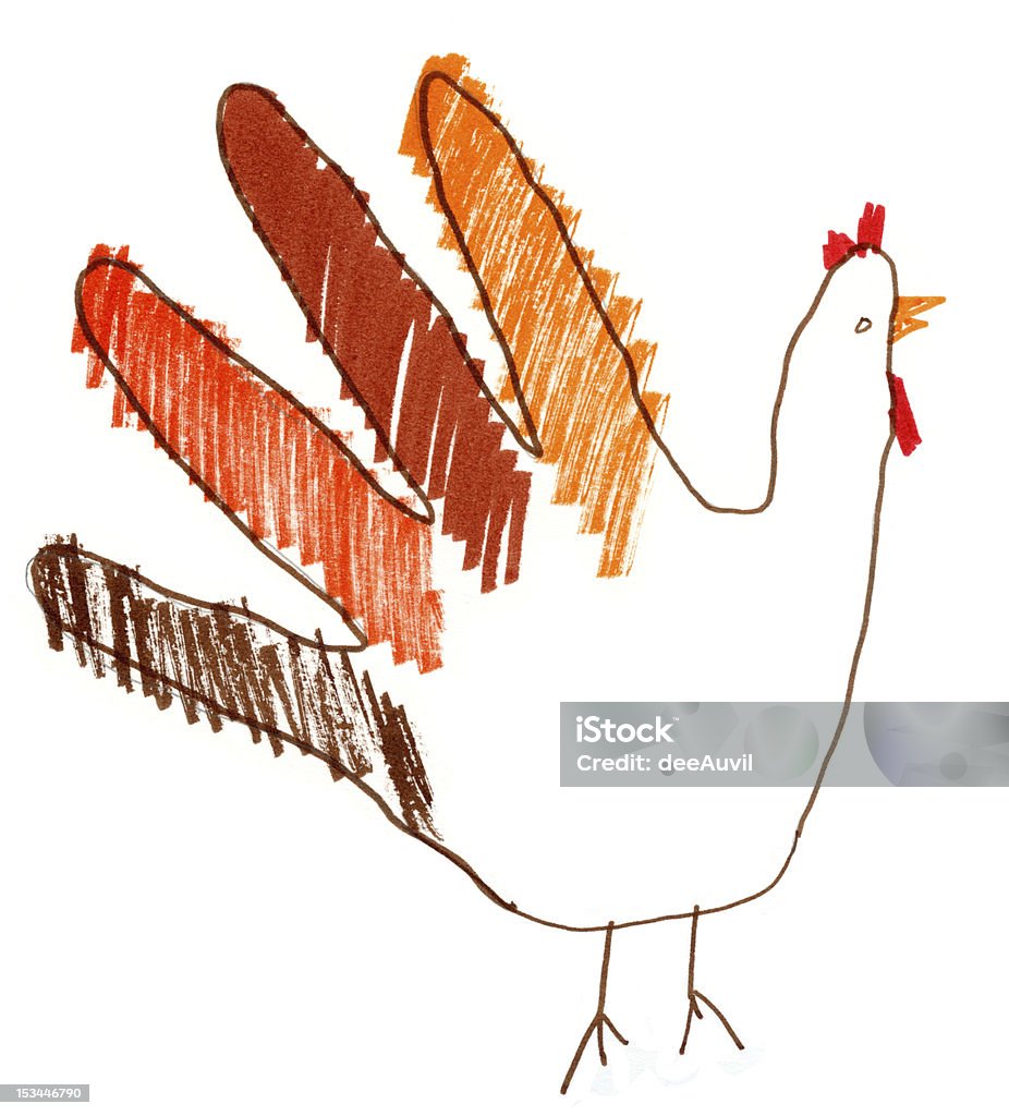 Child Drawing Turkey Hand Thanksgiving A child's drawing of a traditional hand turkey for Thanksgiving using markers and crayons in orange and brown autumn colors Turkey - Bird stock illustration