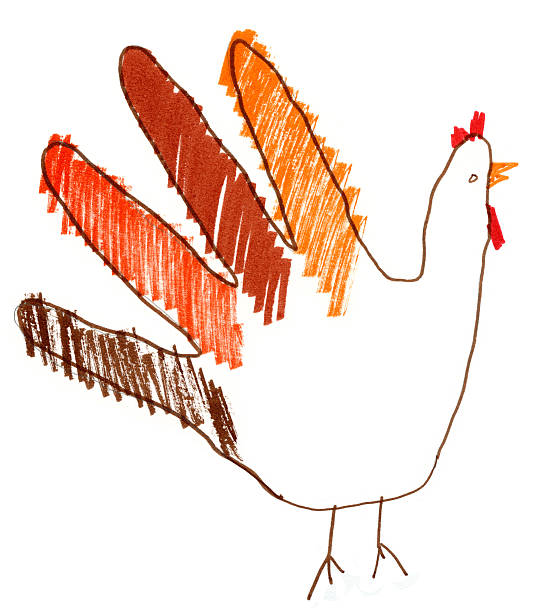 Child Drawing Turkey Hand Thanksgiving A child's drawing of a traditional hand turkey for Thanksgiving using markers and crayons in orange and brown autumn colors thanksgiving holiday drawings stock illustrations