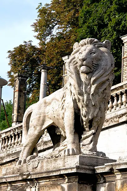 Lion figure at the root of Buda Castle in Budapest, Hungary