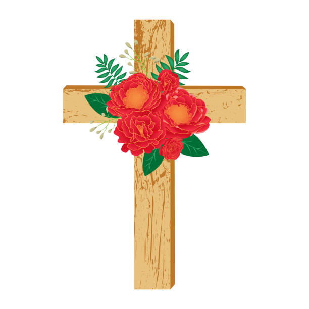 Isolated Baptism cross. Floral wooden cross. Isolated Baptism cross. Floral wooden cross. Vector illustration. anglican eucharist stock illustrations