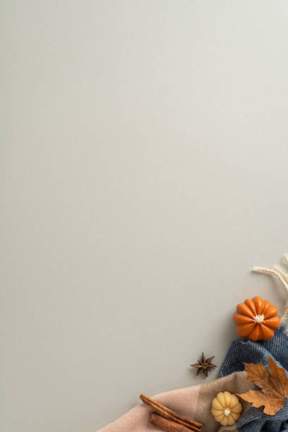 istock Create an autumn ambiance: Top-down vertical image featuring cinnamon sticks, Chinese anise, maple leaves and pumpkin-shaped candles forming a blank space on grey isolated background 1534525115
