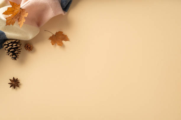 istock Embrace the cozy fall atmosphere at home: High angle view photo featuring a warm patchy scarf, maple leaves and empty space for text or adverts on a beige isolated background 1534536202