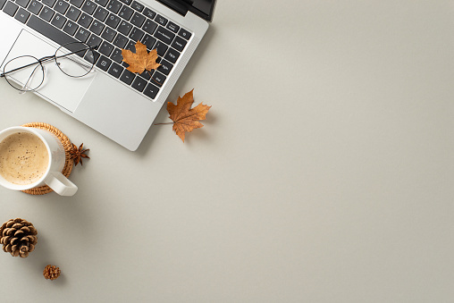 Autumn-inspired office theme. Top view of laptop, steaming mug of pumpkin spice latte, stylish spectacles, golden maple leaves, pine cones, star anise on grey backdrop with empty space for text or ad