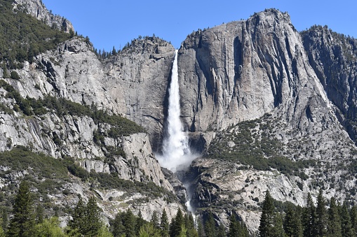 Scenic view of Yosemite Falls, the highest waterfall in Yosemite National Park, California