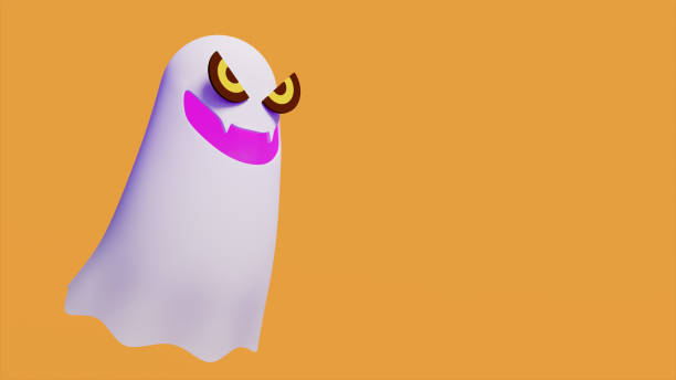 white ghost with evil eyes on yellow stage, celebration theme, 3d illustration, horizontal image