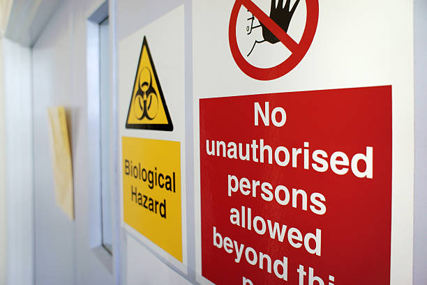 Biological hazard "Biological hazard" sign on a laboratory door. Selective focus. hazard sign photos stock pictures, royalty-free photos & images