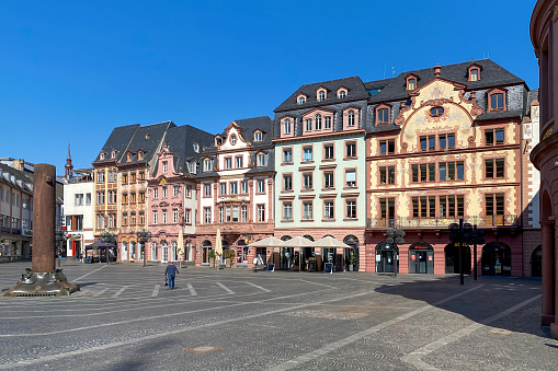 Mainz, Germany - April 28, 2021: Market square with market houses against blue sky