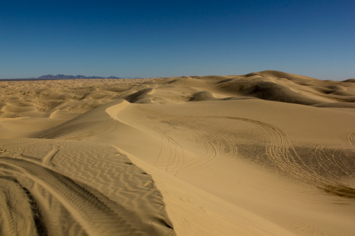 The sandy desert dunes just off Interstate 8, near Yuma, Arizona, at Glamis in the Imperial Sand Dunes Recreation Area.
