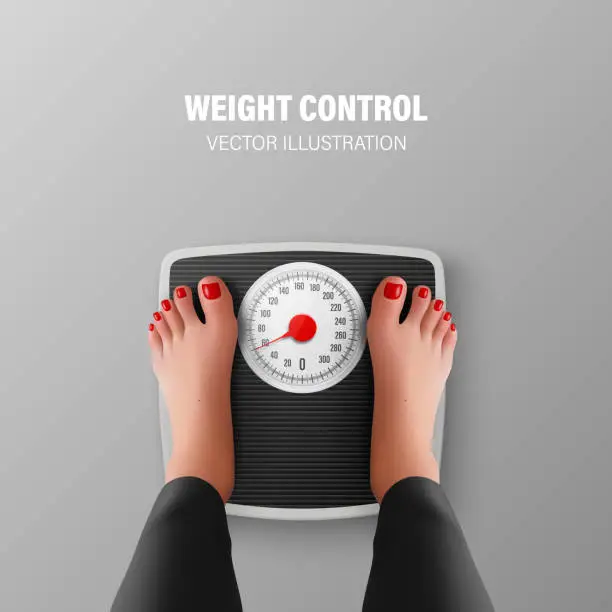 Vector illustration of Vector 3d Realistic Bathroom Scales and Female Feet in Top View. Weight Control Concept Banner with Bathroom Body Weight Scales, Classic Retro Bathroom Floor Scale